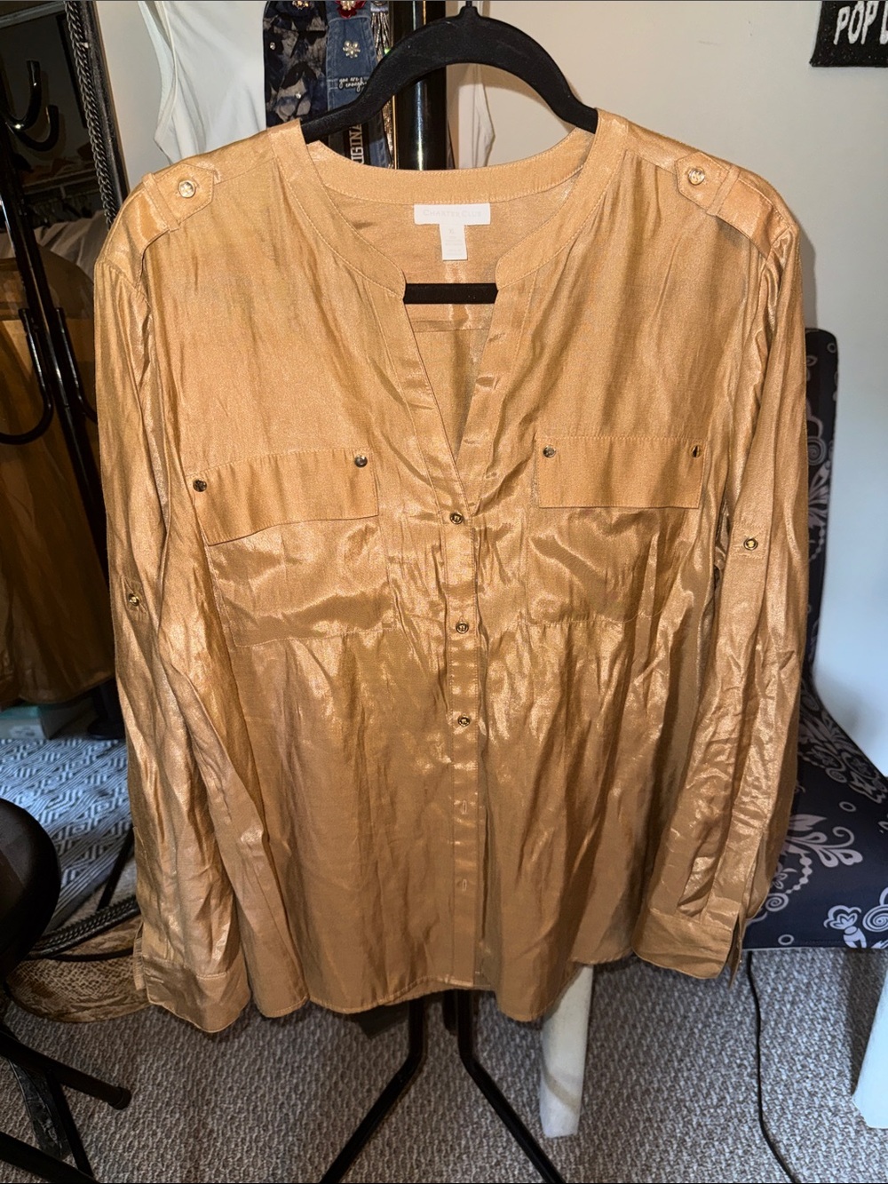 Charter Club Metallic Gold Button-Down Shirt